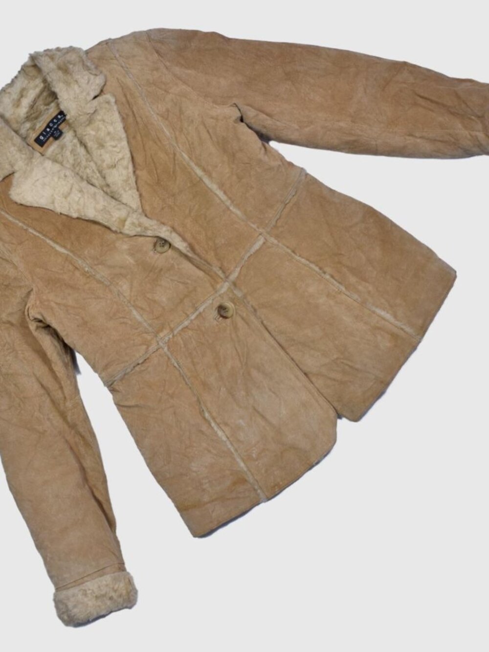 Vintage 90s Giacca Tan Genuine Leather Faux Fur Trim Jacket - Size M